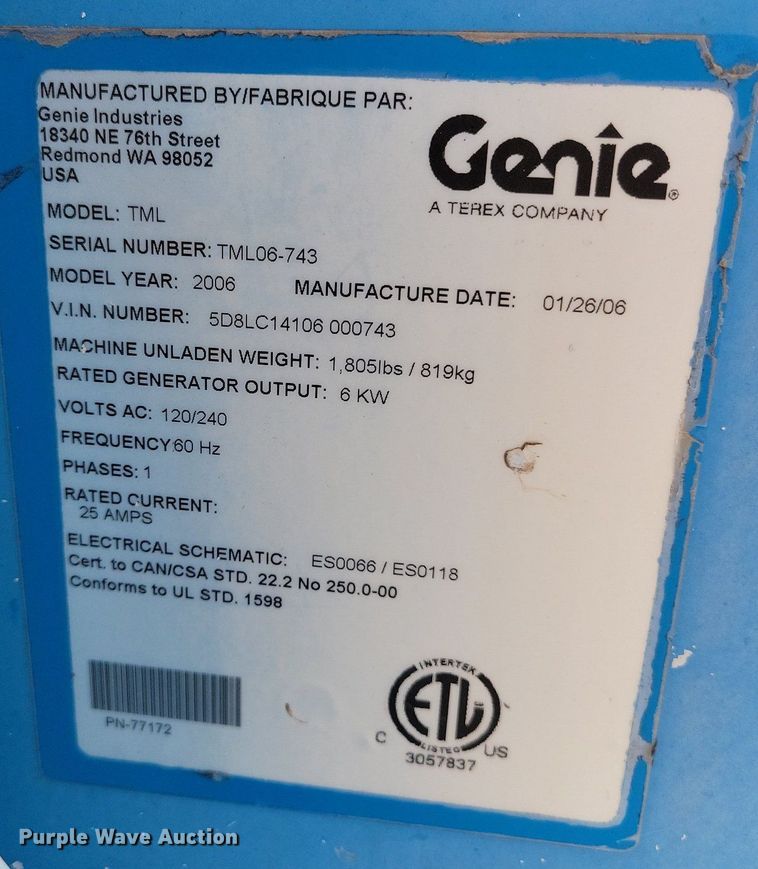 image for item DR7961 2006 Genie TML-4000N light plant