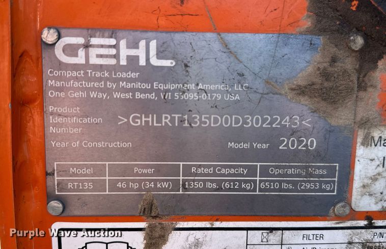 image for item EJ0361 2020 Gehl RT135 tracked skid steer loader