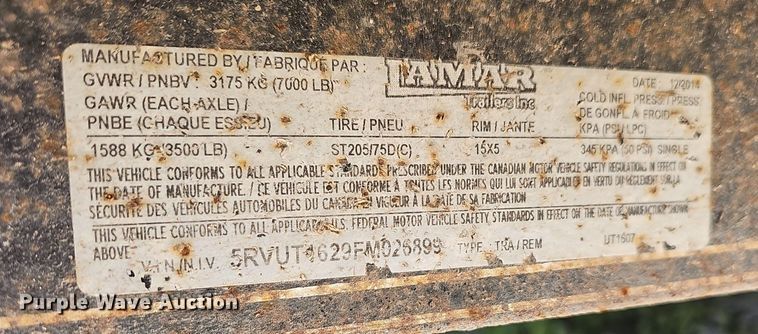 image for item EJ6210 2015 Lamar UT1607 utility trailer