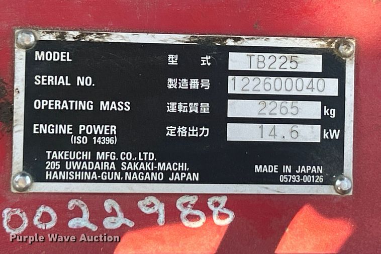 image for item EK4338 2021 Takeuchi TB225 mini excavator