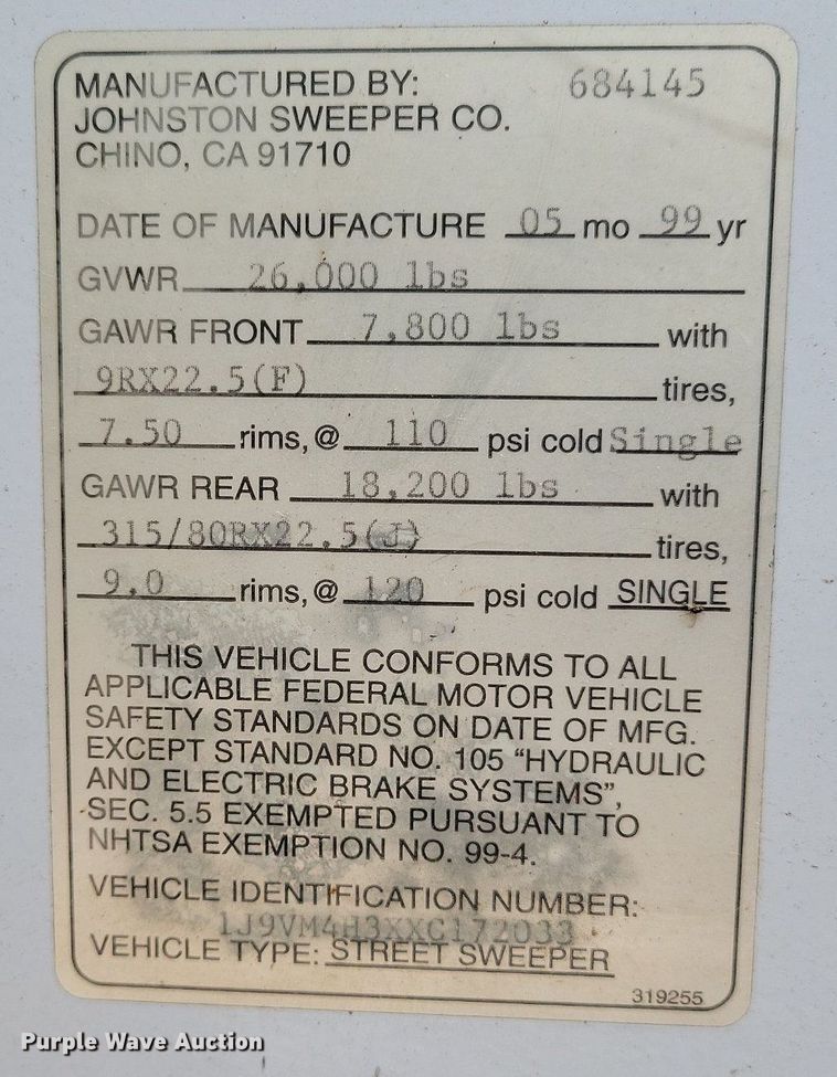 image for item MQ9704 1999 Johnston  4000 street sweeper