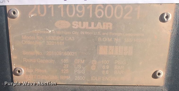 image for item NZ9437 Sullair 185 air compressor