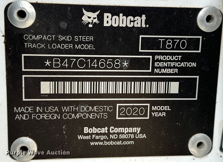 image for item OE9001 2020 Bobcat T870 tracked skid steer loader