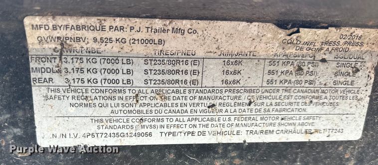 image for item OF9340 2016 PJ tilt deck equipment trailer