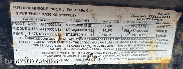 image for item OF9343 2016 PJ T7243 tilt deck equipment trailer