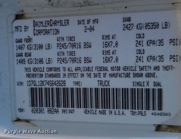 image for item DP3484 2004 Dodge  Dakota Club Cab pickup truck