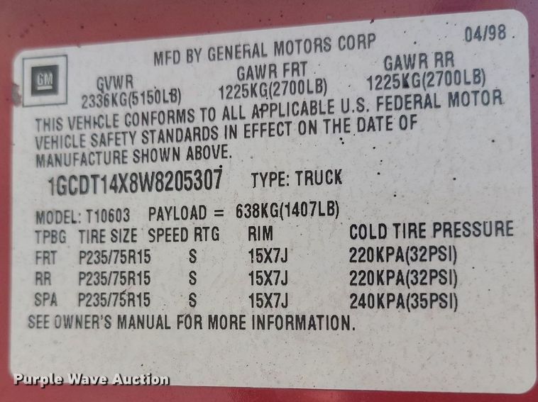 image for item DP3512 1998 Chevrolet  S10 pickup truck