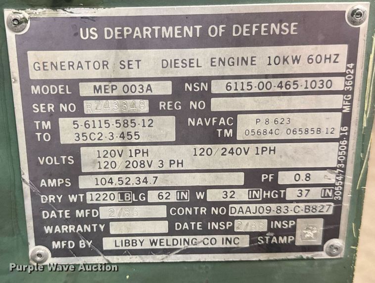 image for item EH6620 1986 Libby Welding Co. Inc. MEP003A generator set