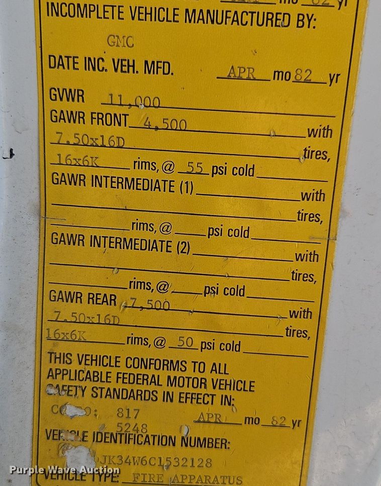 image for item EI3699 1982 GMC High Sierra 3500 pumper fire truck