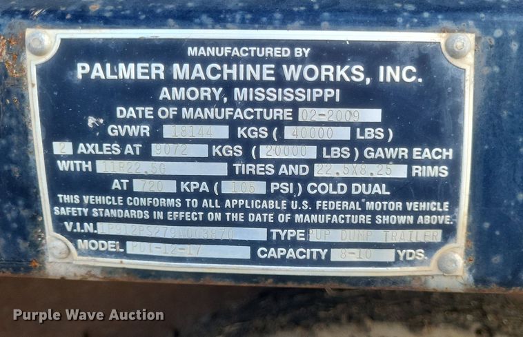 image for item EJ7868 2009 Palmer Machine Works  PDT-12-17 end dump pup trailer