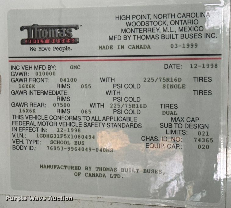 image for item ND9138 1999 GMC Savana 3500 school bus