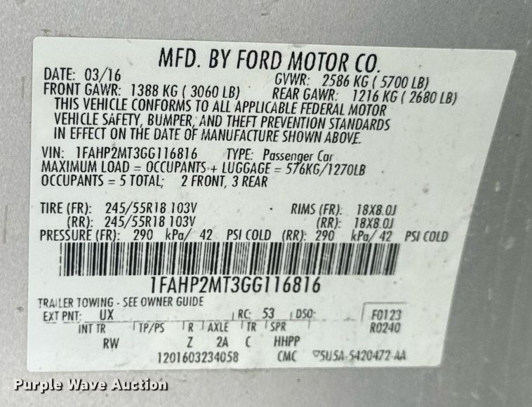 image for item NM9281 2016 Ford Taurus Police Interceptor 