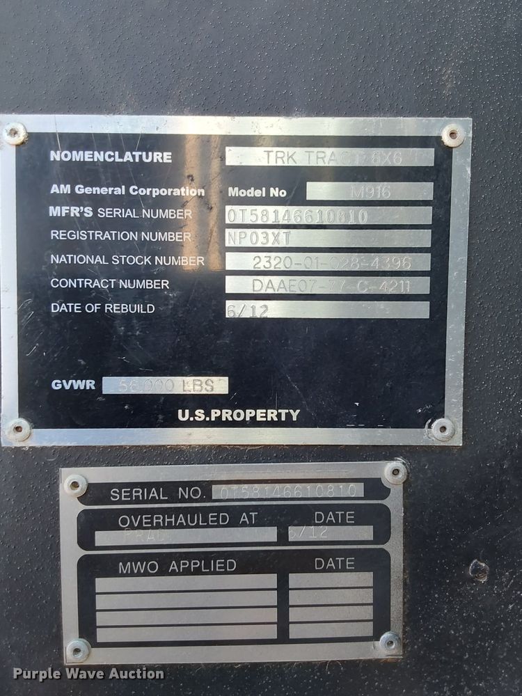 image for item NQ9531 2012 AM General  M916 winch truck