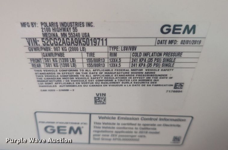 image for item NZ9415 2019 Polaris Gem E2 utility vehicle