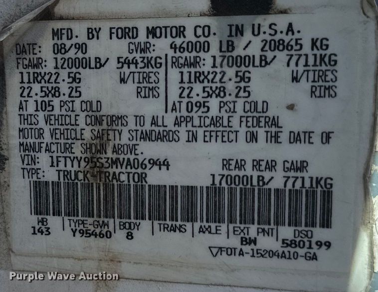 image for item OF9375 1991 Ford Aeromax L9000 semi truck