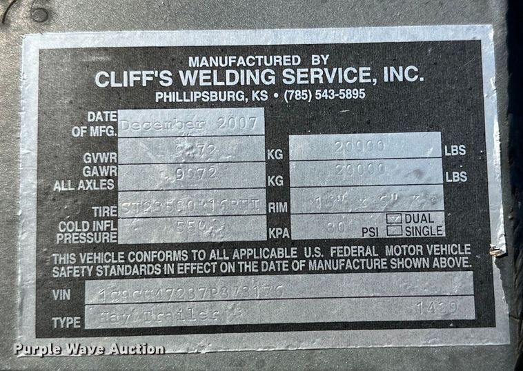 image for item DK6516 2007 Cliffs Welding hay bale trailer