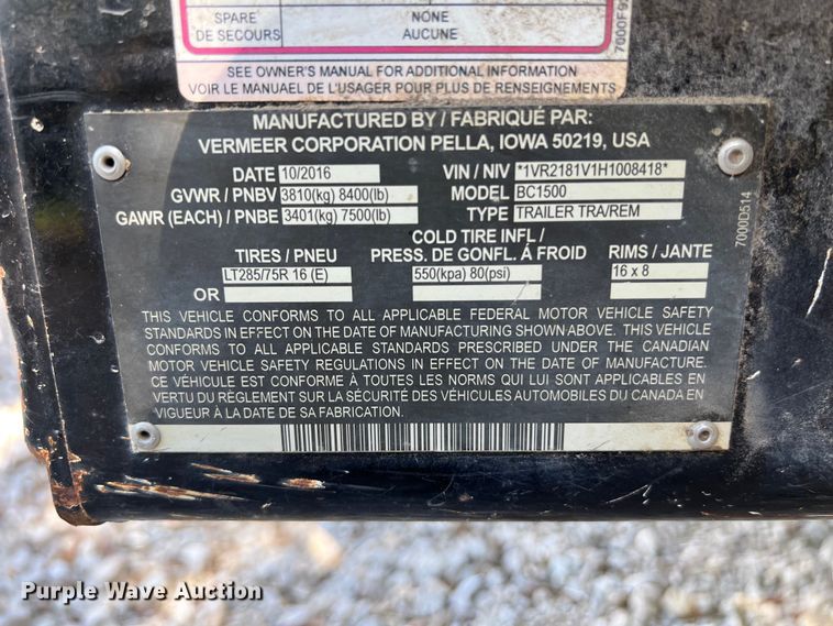image for item DS2938 2017 Vermeer BC1500 wood chipper