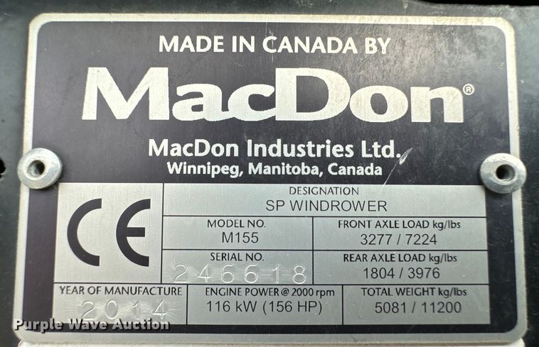 image for item OI9303 2014 MacDon M155 swather / windrower