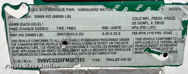 image for item EG1319 2015 Vanguard National dry van trailer