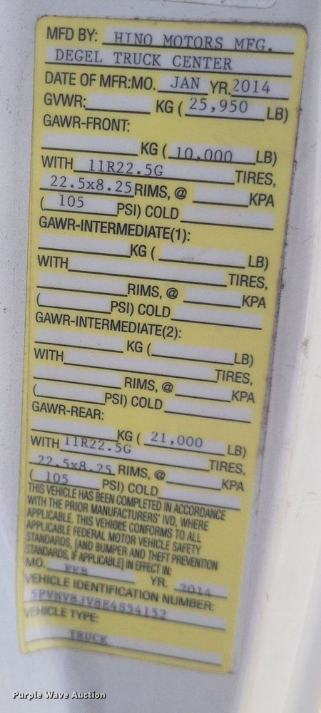 image for item EJ7910 2014 Hino 338 box truck