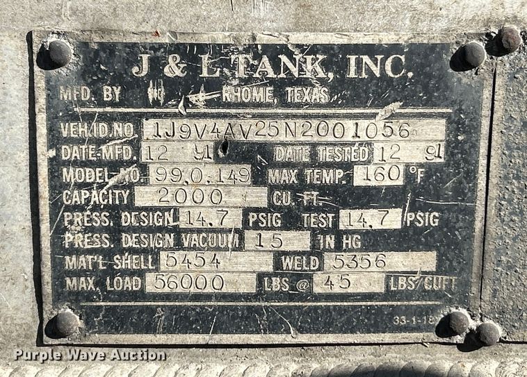 image for item EK4156 1992 J&L Tank 99.0.149 pneumatic dry bulk trailer