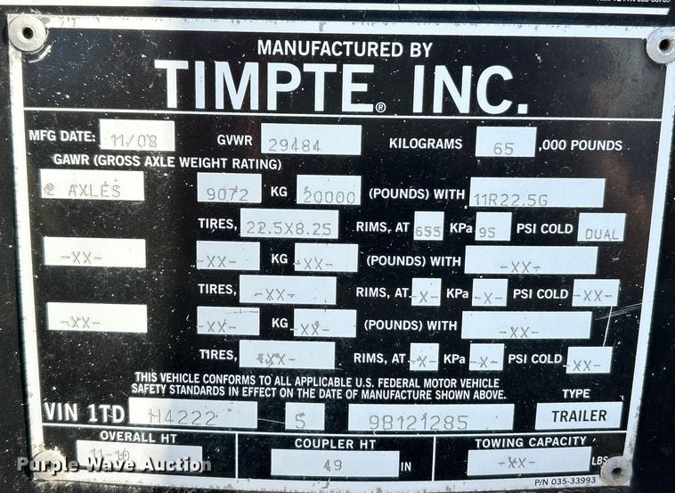 image for item EK4167 2009 Timpte grain trailer