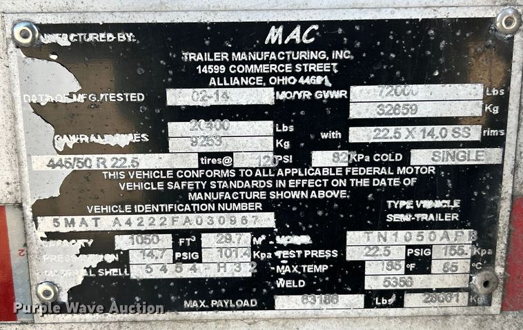 image for item EK4176 2015 Mac tank trailer