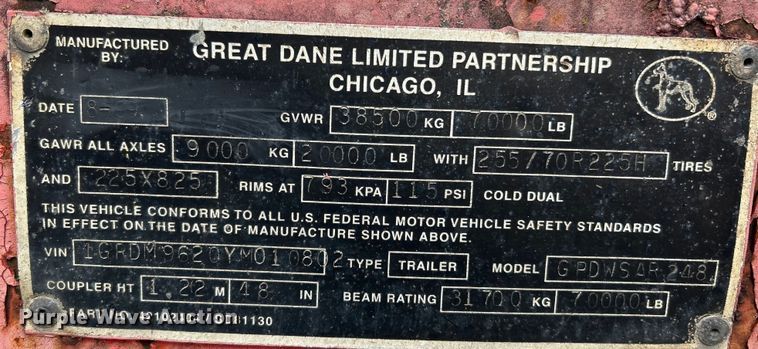 image for item EK4389 2000 Great Dane drop deck equipment trailer