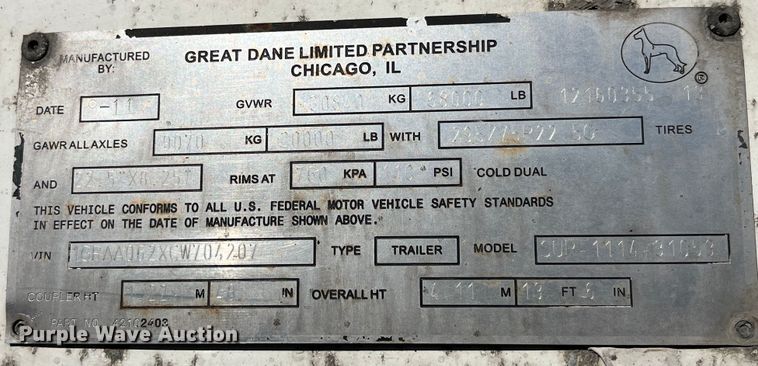 image for item LD9371 2012 Great Dane SUP-1114-31053 refrigerated van trailer