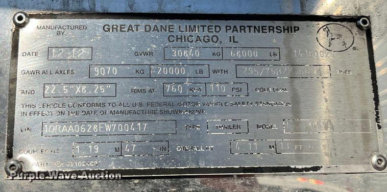 image for item LD9373 2014 Great Dane ESS-1114-11053 refrigerated van trailer