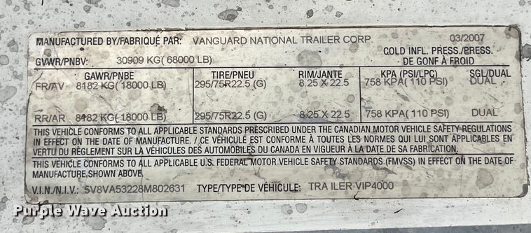 image for item LD9374 2008 Vanguard VIP4000 dry van trailer