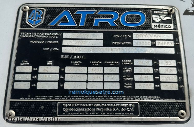 image for item OF9356 2022 Atro  dry van trailer