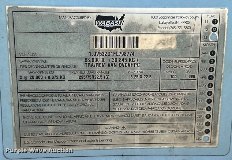 image for item OF9357 2015 Wabash  dry van trailer