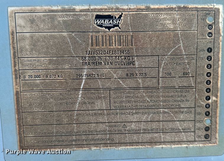 image for item OF9359 2015 Wabash dry van trailer