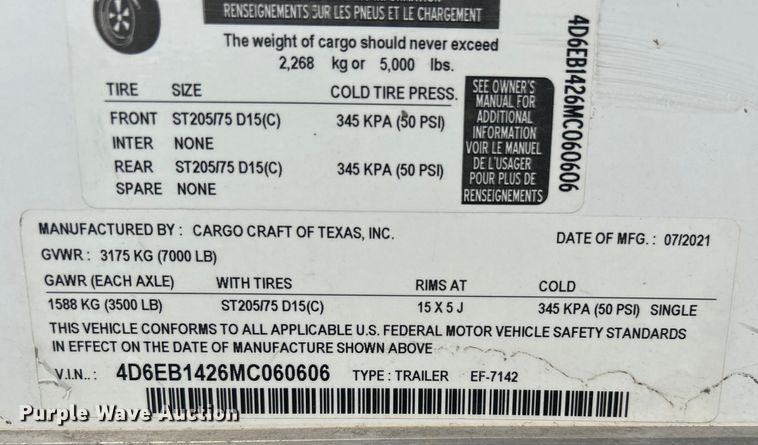 image for item DO1076 2021 Cargo Craft of Texas, Inc. EF-7142 enclosed cargo trailer