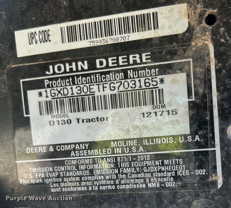 image for item DO1081 2015 John Deere D130 lawn mower