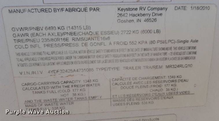 image for item DP2787 2010 Keystone Montana Mountaineer Edition camper