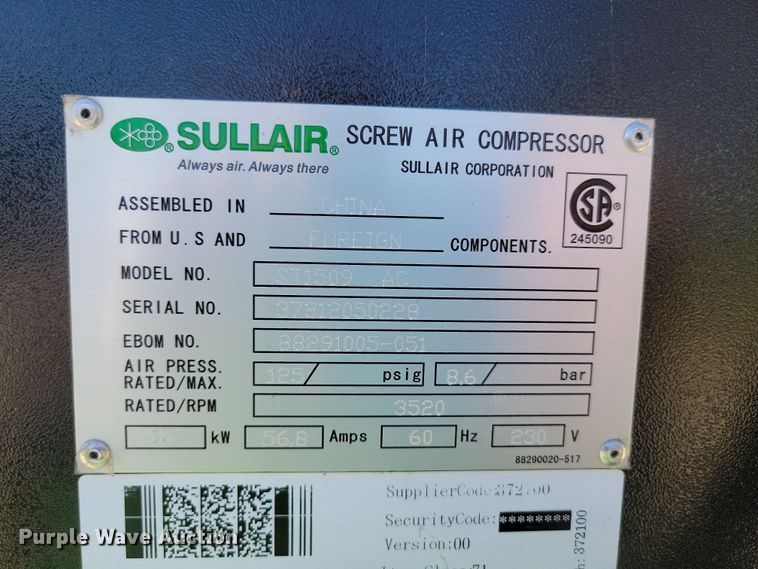 image for item DR7993 2012 Sullair ST1500 air compressor