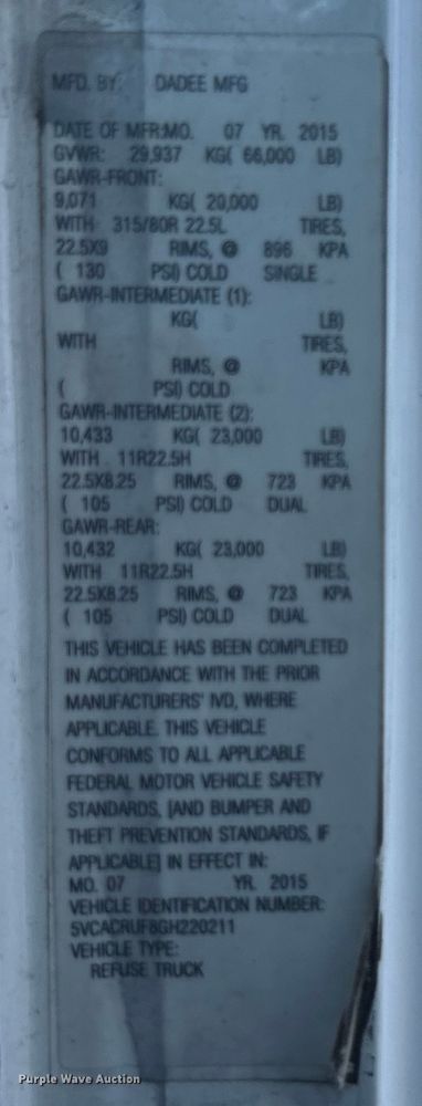 image for item EG1369 2016 Autocar  ACX Xpeditor refuse truck