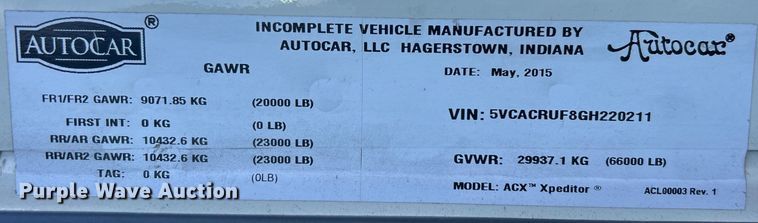 image for item EG1369 2016 Autocar  ACX Xpeditor refuse truck