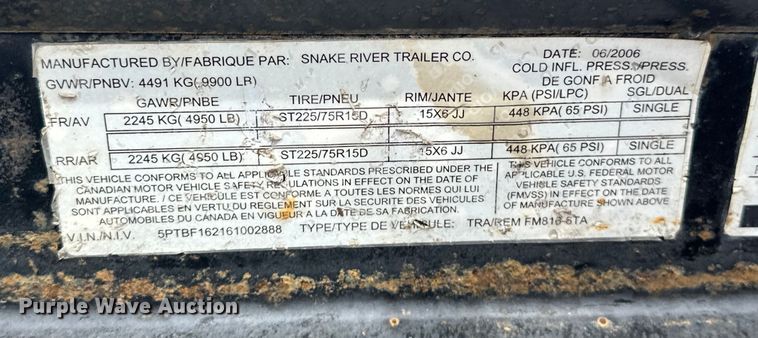 image for item EG1382 2006 Snake River Trailer  equipment trailer