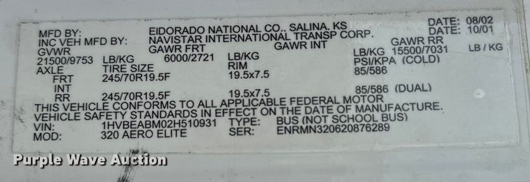 image for item EJ0393 2002 International  3400 shuttle bus