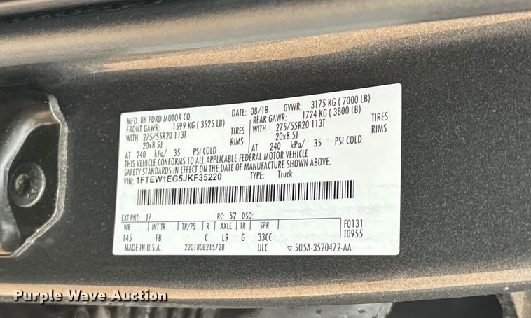 image for item EJ0533 2018 Ford F150 SuperCrew pickup truck