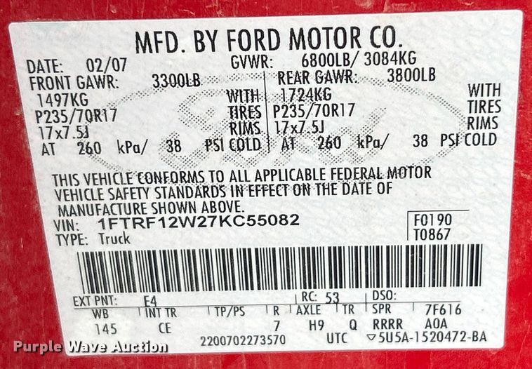 image for item EK4440 2007 Ford F150 XL pickup truck