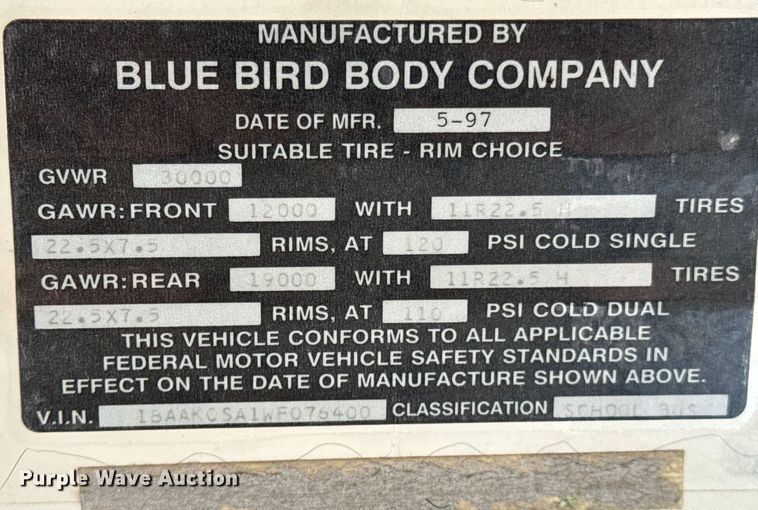 image for item ND9129 1998 Blue Bird TC2000 school bus