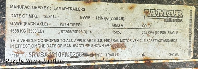 image for item ND9163 2015 Lamar utility trailer