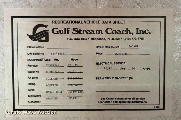 image for item OA9707 2001 Gulf Stream camper