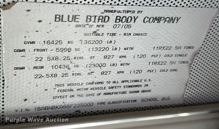 image for item OE9075 2006 Blue Bird All American  school bus