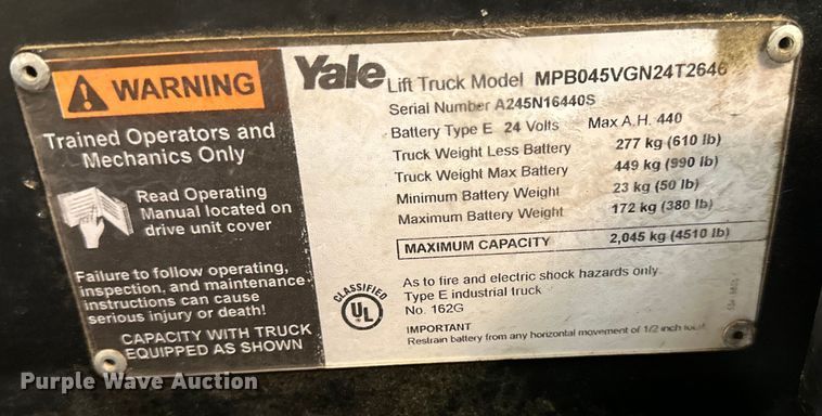 image for item OF9353 Yale MPB045VGN24T2646 pallet jack