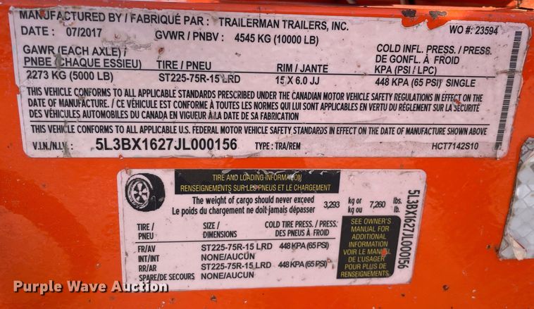 image for item OG9869 2018 Trailerman Trailers Inc.  HCT7142S10 equipment trailer